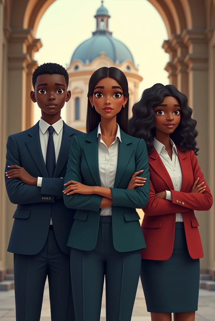 Two mature black boys and two mature black girls in a university background. The two boys are properly dressed. The two girls are properly dressed and crossing their arms.