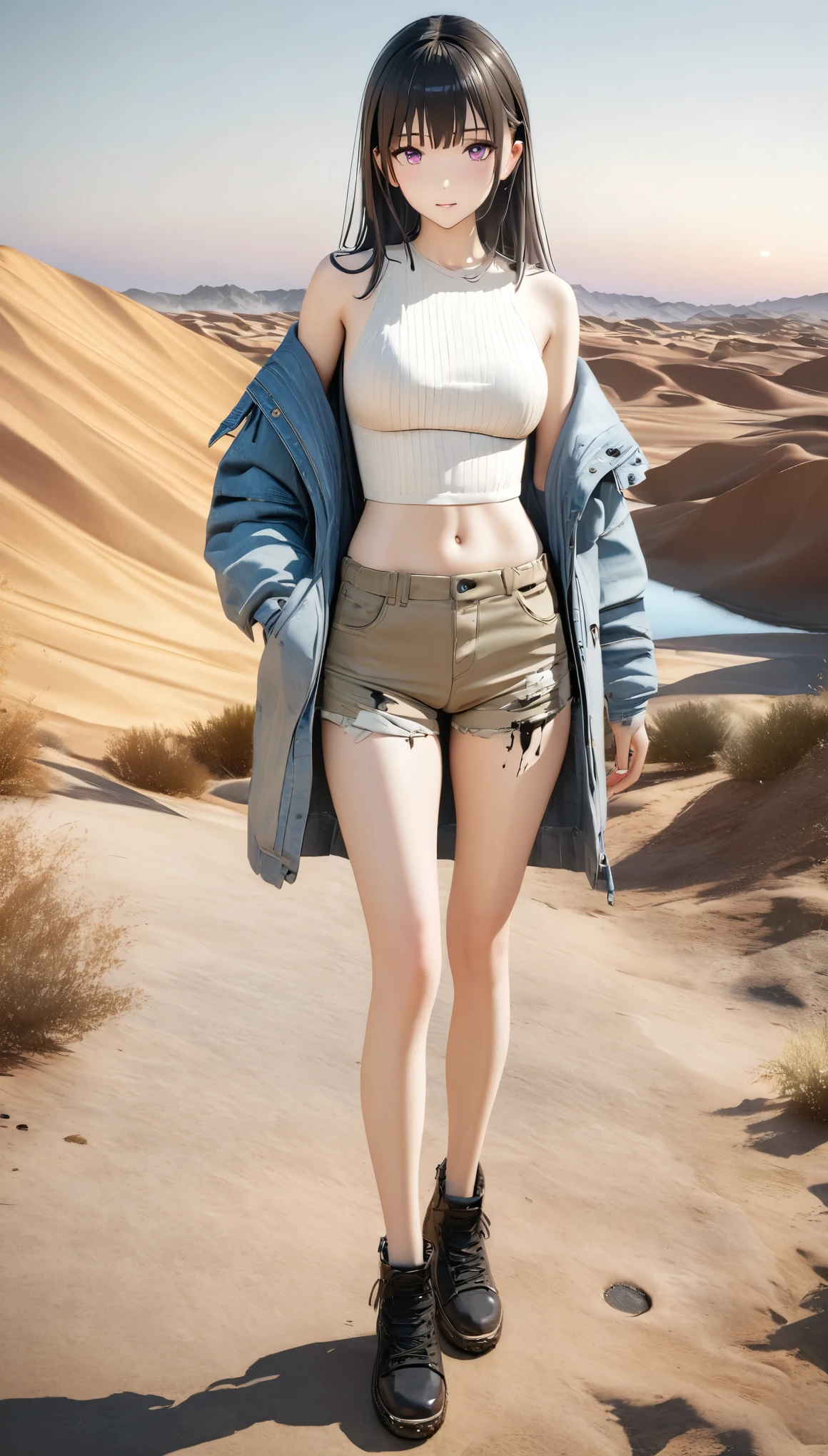 DIY16,best quality, 超HD, masterpieces, 8K, Practical, Anime style, 3D Rendering,masterpiece,need,lifelike,Bare lower abdomen,Sexy,bandage,Layering,Hollow,Full body image,Feral,Khaki washed distressed shorts,Black hair,Open shoulders,Layering,Long legs,,Wasteland Punk Style,desert,The details of wind and dust are complex,,HD,Photography Lighting,16K(Pond in the evening:1.2), (8K, best quality, masterpiece:1.2), (Ultra-high resolution:1.0), Extremely bright design, Soft colors, (ink:1.3), Autumn Lights, High Detail, dramatic, photoPractical painting art