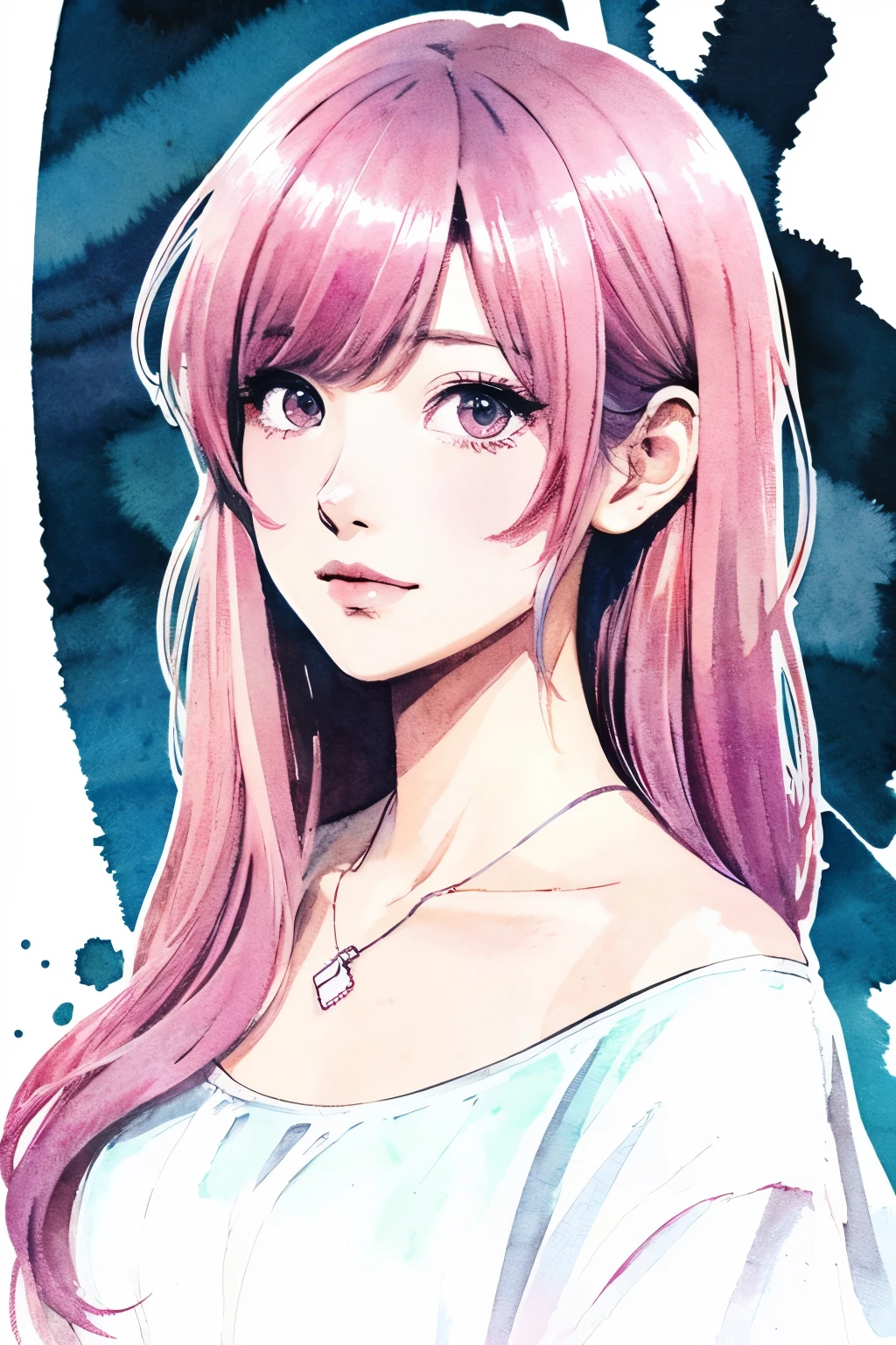 Watercolor、(Illustration style)、(Showa Anime)、Woman looking this way、(highest quality)、Stylish, detailed background、medium length Hair, dark pink hair color, Japanese girl, vivid