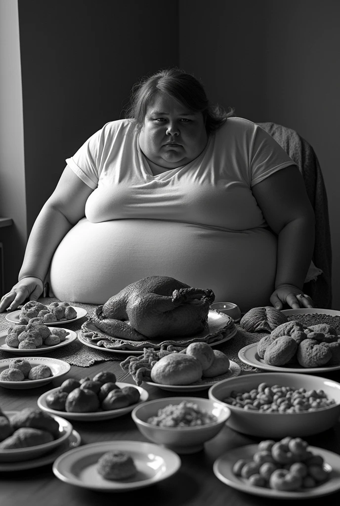 A very big fat girl eating lot of foods on the table leaning helplessly on her chair 
Make it a black and white 
Add more foods including a big chicken 