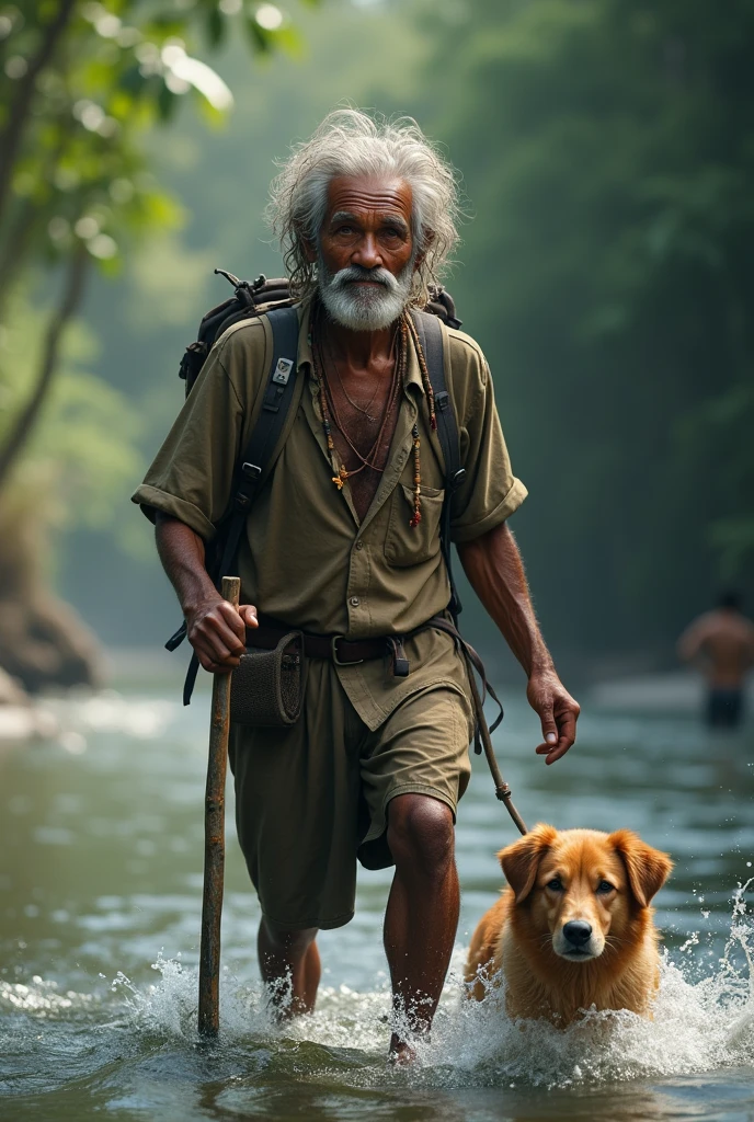 Photorealism 1.4 realistic realism high detailed definition Malaysia native aboriginal orang asli old man curly messy hair crossing river river stream dark skin weaver backpack smile faces jungle big river wearing loose shirt accessories on hair leaf wearing short hold stick river stream dog swimming by her side