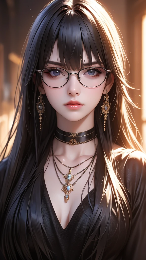 1girl, jewelry, glasses, solo, necklace, long hair, looking at viewer, earrings, bangs, black choker, lips, black-framed eyewear, blurry, blurry background, rolls her eyes, close-up, cinematic lighting, bright colors, photorealistic, concept art style, high quality, 8K, HDR, physical rendering, extreme detail, blur, depth of field, blurred foreground,