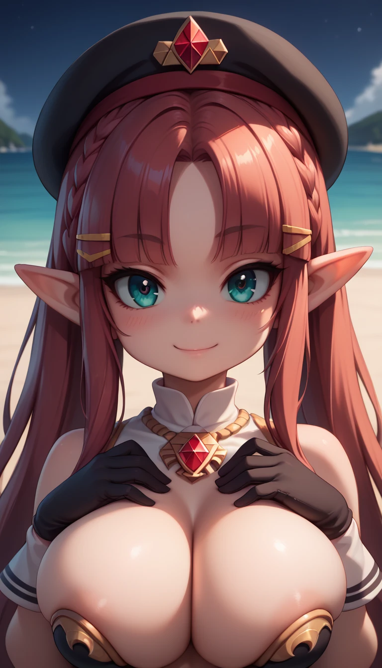 High resolution, Very detailed, perfect lighting, beautiful detailed eyes, ((masterpiece,Best Quality)), absurdities, alone, princess zelda, by the width, crown braid, Hair clip, pointy ears, Gloves without fingers, black gloves, smile, curves, nod, , deep neckline, deep neckline, touching her breasts in a sexy way, close up, black fur, close up, pigtails with bangs, pigtails with bangs, touching her breasts in a sexy way, teal eyes, close up, pigtails with bangs, pretty face, black beret, beach at night, red blaze