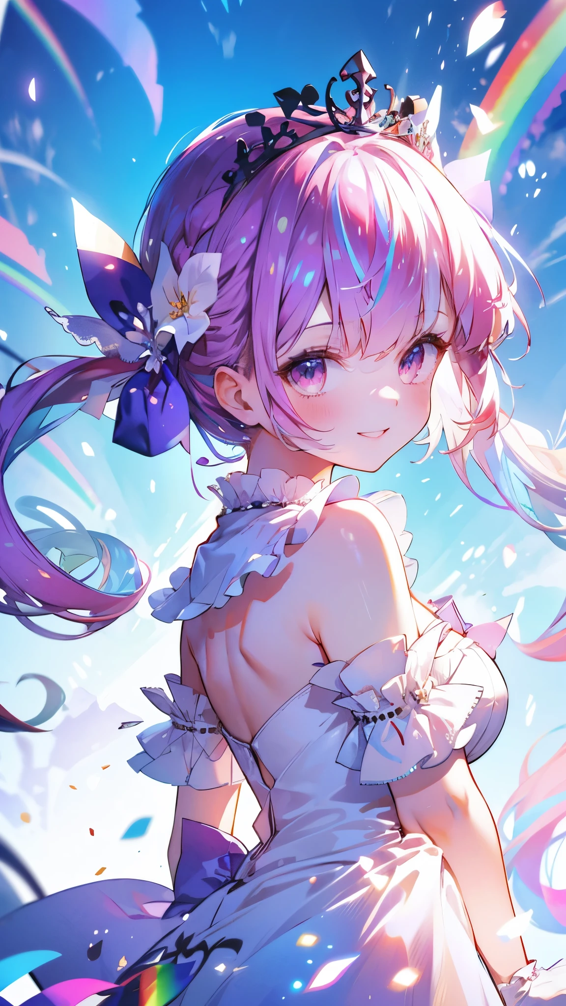 (Highest quality:1.2), (Very detailed:1.2),(masterpiece:1.2),(8k:1.2),(Blessed,Captivating body、Very beautiful eyes、Very detailed肌、Very detailed顔,Detailed Background), ffaqua, twintails, drill hair, tiara, white dress, white gloves,(summer background,Blue Sky background,rainbow:1.3),(The best smile:1.2)、farewell、graduation, (portrait ,looking back:1.2)