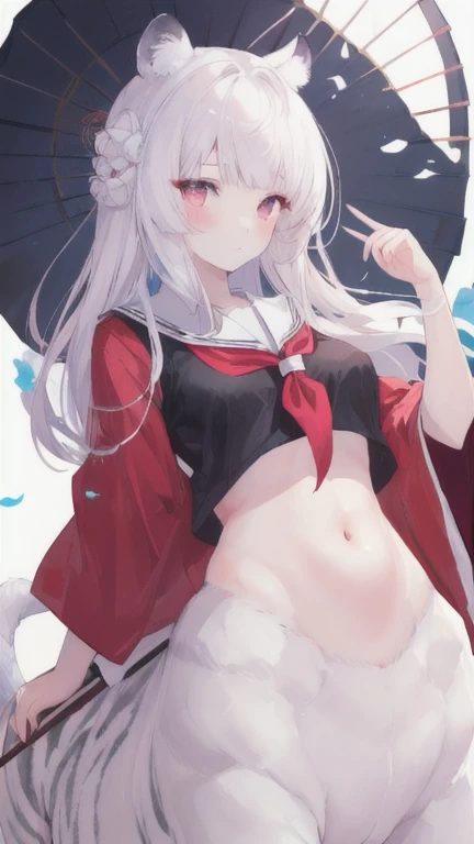(best quality, masterpiece), 1 girl, centaur, I beg, White skin, Japanese schoolgirl,daughter,black pink, exposing the abdomen, belly button t-shirt , beautiful girl perfect, White tiger photo, Perfect Soldier Photo