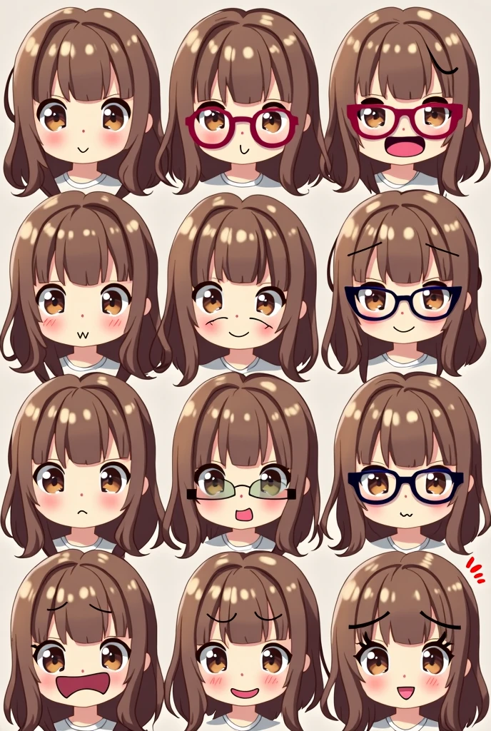 Various cute anime doll faces for twitch emote with different expressions. Wearing round transparent glasses, long brown hair without bangs, brown eyes and chubby cheeks. Image with cartoon appearance