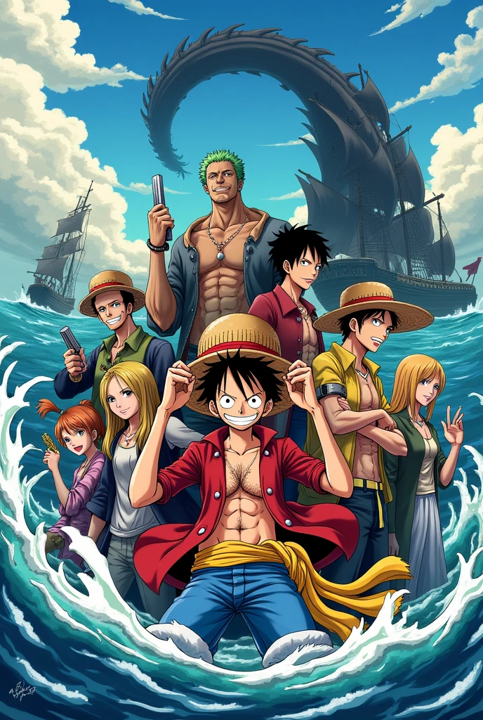 Image of the Straw Hats gang, luffy, Zoro, US, robin, Chopper, usopp, sanji, franky, brook, jinbe, you live, bonney.