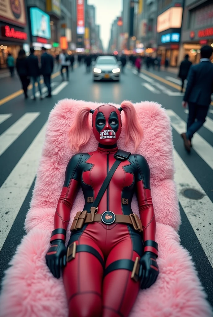 ((Highest quality)), ((masterpiece)), (photograph), ((from above)), ((40 years old)), ((Japanese women)), ((Deadpool costume and mask)), (((The word "mu mi" is written in white letters on the mouth.))), Deadpool woman with pink hair and twin tails, Lying on a fluffy pink bath mat at Tokyo's Scramble Crossing, Surrounded by passers-by,