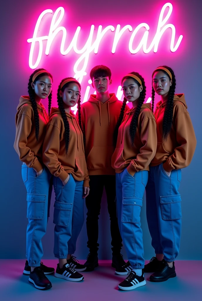 Create a four full body beautiful Thai women's smiling wearing a brown hoodie and blue cargo pants with brown headband and black beautiful adidas shoes, black long braids hairstyles and also 1 handsome man wearing a brown hoodie and blue cargo pants black beautiful shoes standing dark blue background and the background has written pink neon " fhyrrah editing team " "admins " looking at the camera. Photography 