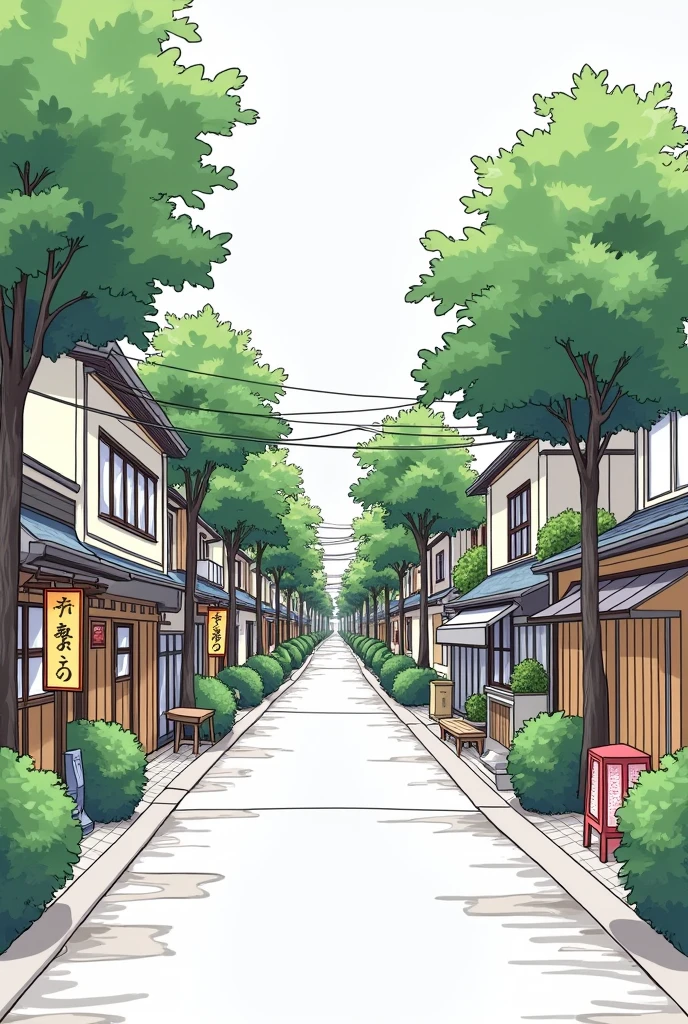 Create a simple and easy to draw Japanese city street with 1 vanishing point.