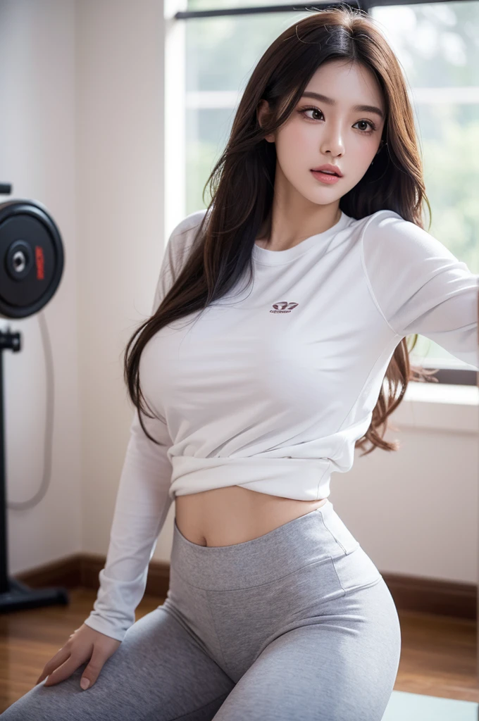 8ก, Masterpiece, raw photos, best quality, realistic, extremely detailed CG unity 8ก wallpaper, depth of field, Cinema-grade lighting, lens flare, Ray Tracing, (Very beautiful face, beautiful lips, beautiful eyes), A face with intricate details, ((Extraordinarily detailed skin), รูปถ่ายของสาวสวย 1 คนbest quality, Ultra high resolution,(Realistic:1.4), big breasts, Look sexy, Long, wavy hair,Wear a gym shirt and yoga pants.,In the yoga room, (Wearing a white sweatshirt).