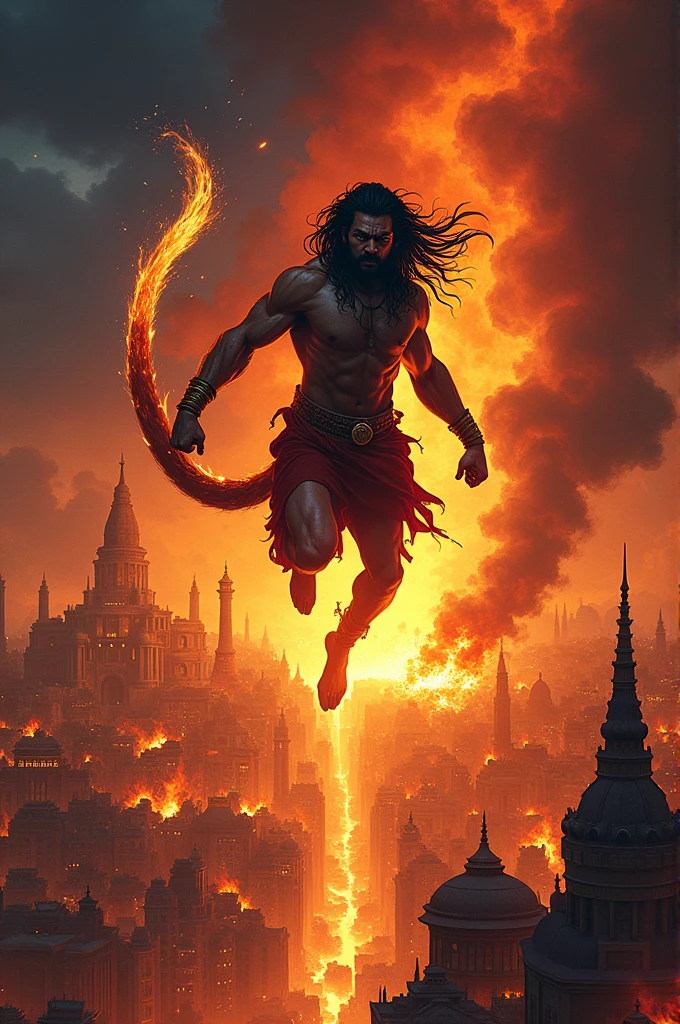 Create an image in digital comuc style:-
A dramatic night scene with the city of Lanka engulfed in flames. Hanuman, with his tail ablaze, flies over the city, his expression determined and unyielding. The golden palaces and structures of Lanka burn fiercely, with sparks flying and smoke rising into the night sky. The scene is chaotic, with a mixture of fiery reds, oranges, and the dark blues of the night.