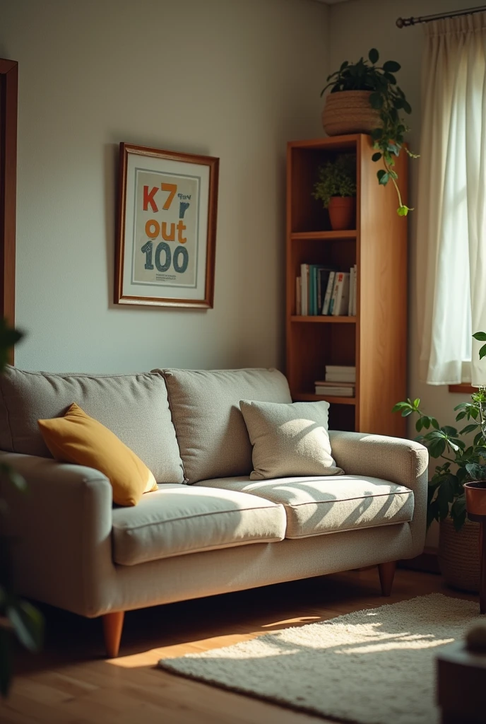 Create a photo of a sofa in an apartment and above the sofa place a k + 7 out of 100 notes make this image look like it was taken by a bad phone