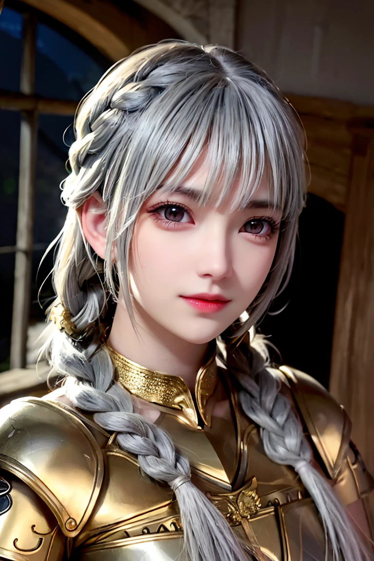 Highest quality, masterpiece,Gray Hair, Golden Eyes,knight, look up, Upper Body,hair,Fair skin,Side braid、knightの鎧、Inside the medieval castle