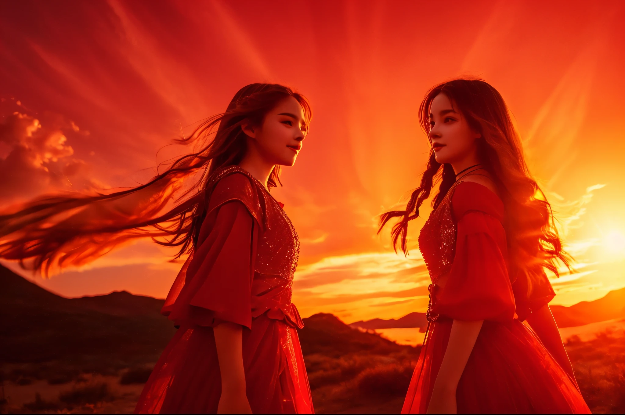 Highest quality masterpiece detailed Two super cute girls wearing walking in the bright red sunset Photo style Dramatic Production Fantasy Fantasy