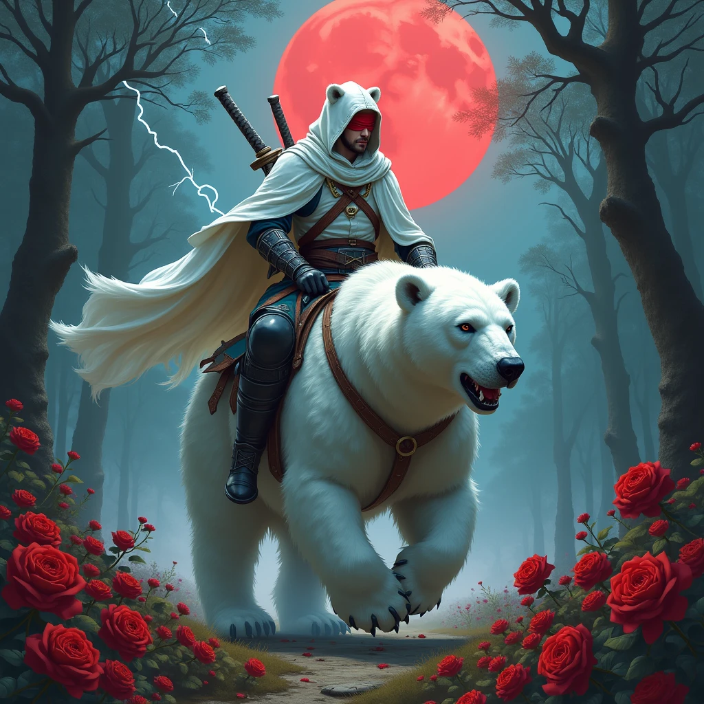 Godlike, in it a male knight with a white hood with bear ears and a katana at his back is riding a polar bear in a forest while the moon shines, many Roses cover the ground and lightning falls from the sky. The polar bear has black eyes and an aggressive appearance. Only the man wears a red blindfold. In the background of the picture is the blood moon. The forest is full of trees with leaves.