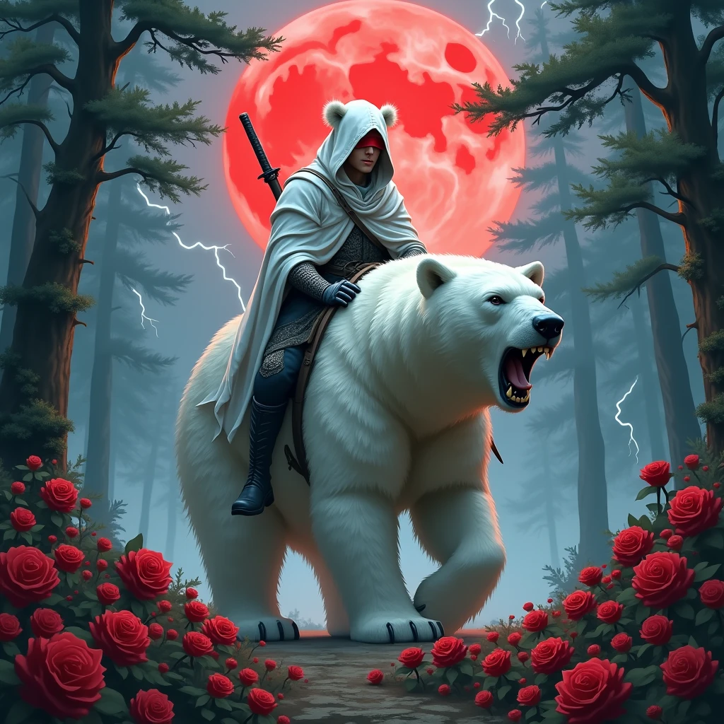 Godlike, in it a male knight with a white hood with bear ears and a katana at his back is riding a polar bear in a forest while the moon shines, many Roses cover the ground and lightning falls from the sky. The polar bear has black eyes and an aggressive appearance. Only the man wears a red blindfold. In the background of the picture is the blood moon. The forest is full of trees with leaves.
