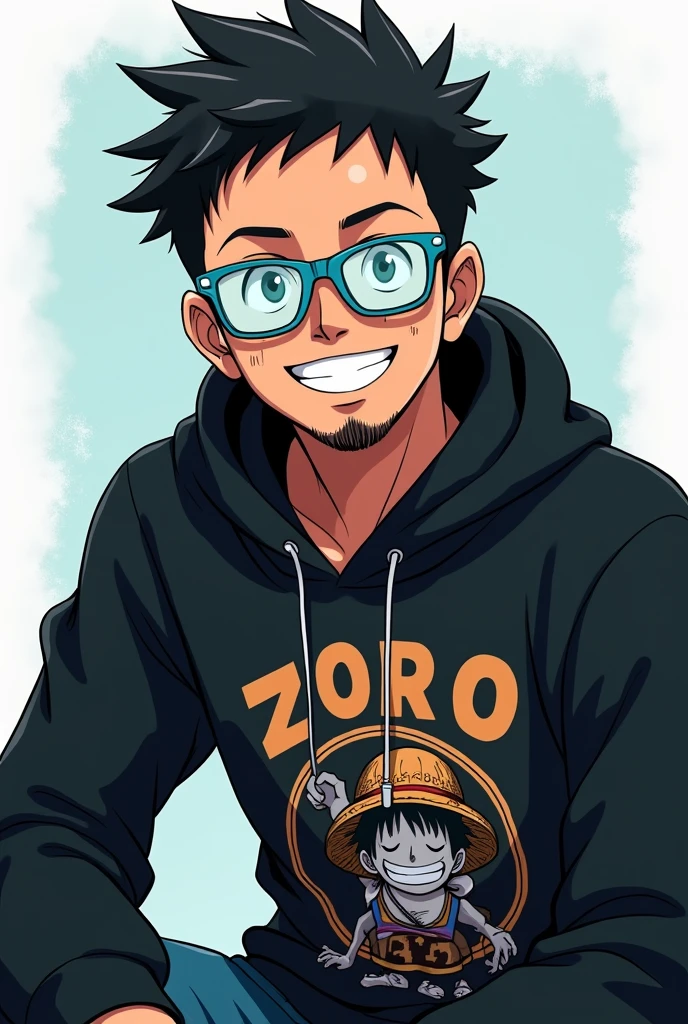 Anime muslim boy with transparent sky blue glasses and fully moustache and beard with black zoro character hoodie and sitting like a model with cute smile