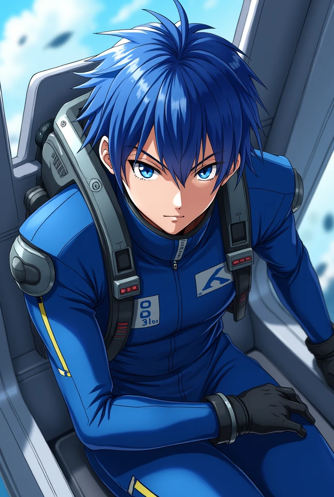 Man Anime character with blue Pilot Outfit