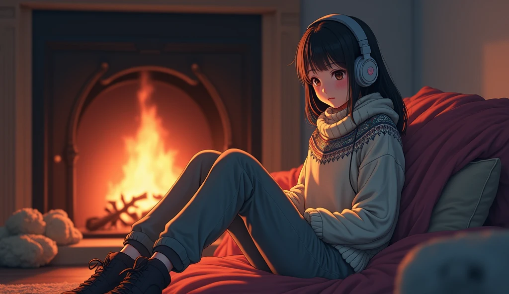 Perfect image, 8k、winter、high school girl、sweater、Long trousers、Using headphones、fireplace、 2D-style animation, Lo-Fi、Retro、Emotional、Anime style illustrations