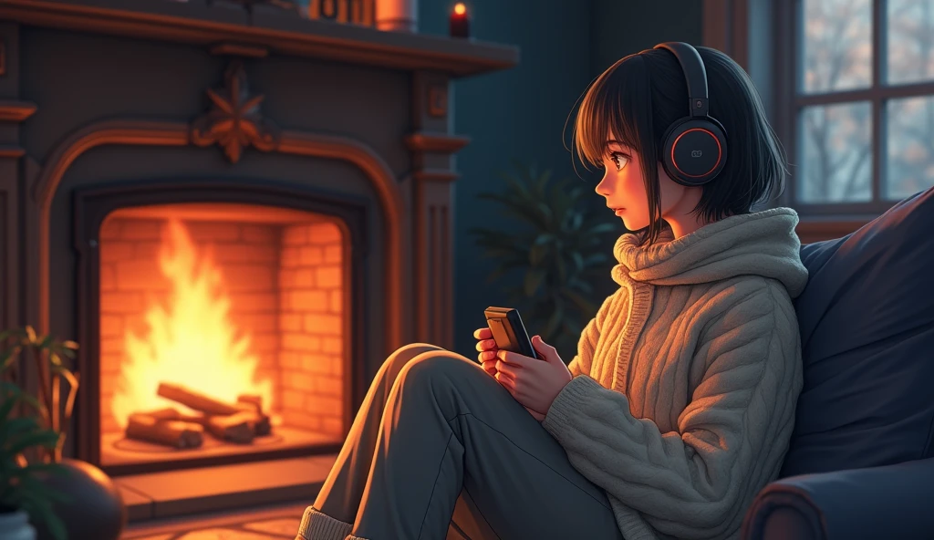 Perfect image, 8k、winter、high school girl、sweater、Long trousers、Using headphones、fireplace、 2D-style animation, Lo-Fi、Retro、Emotional、Anime style illustrations