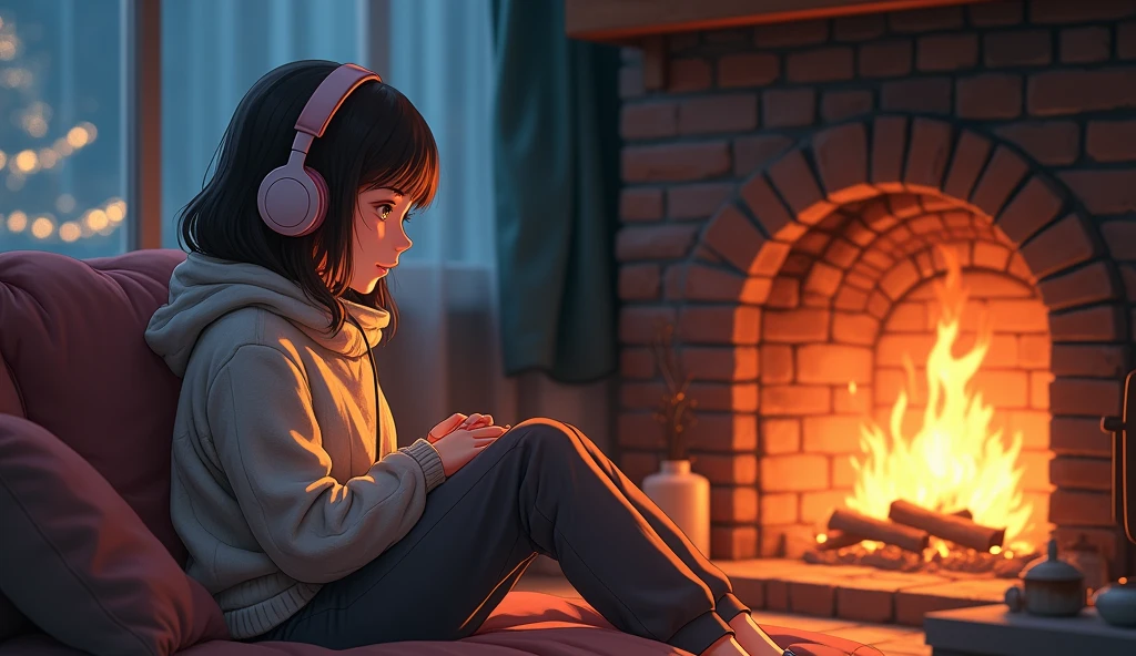 Perfect image, 8k、winter、high school girl、sweater、Long trousers、Using headphones、fireplace、 2D-style animation, Lo-Fi、Retro、Emotional、Anime style illustrations