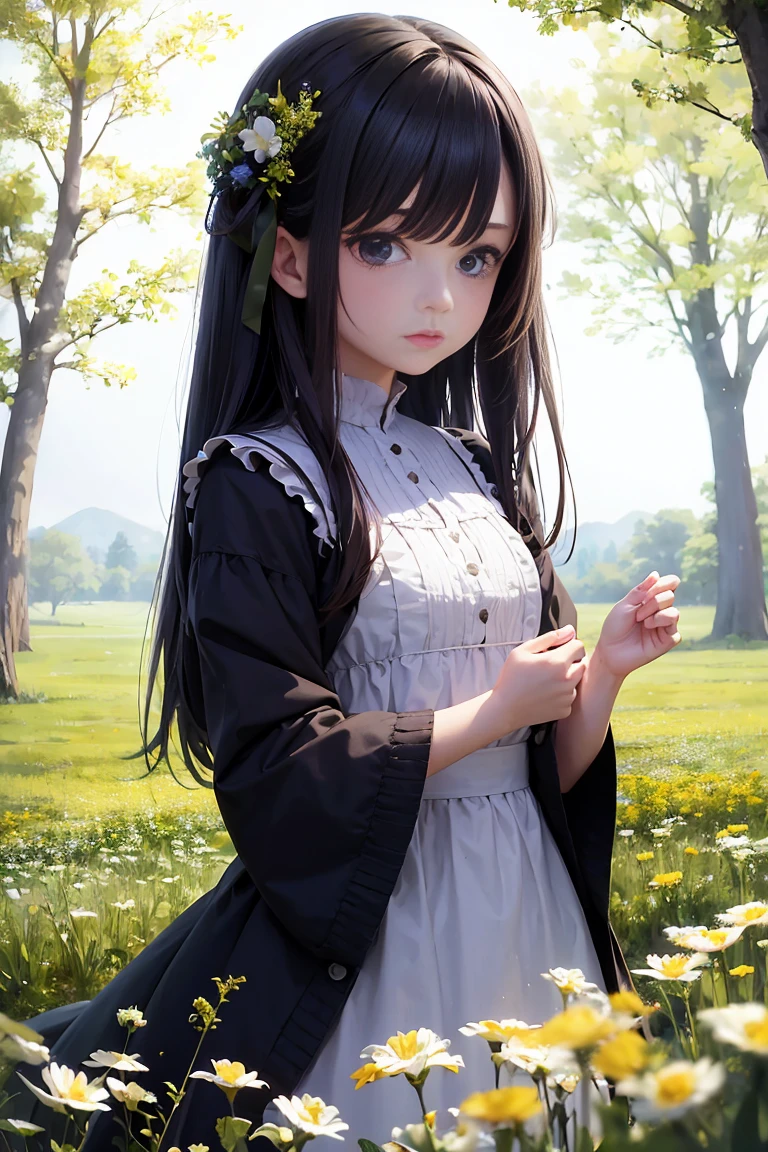 A girl on a meadow,Stars twinkling in the sky,Shining Star,milky way,full moon,I look up and see,Wildflowers are in full bloom,Pure World,masterpiece,Highest quality,最高masterpiece,Detailed anime art,Digital Art,