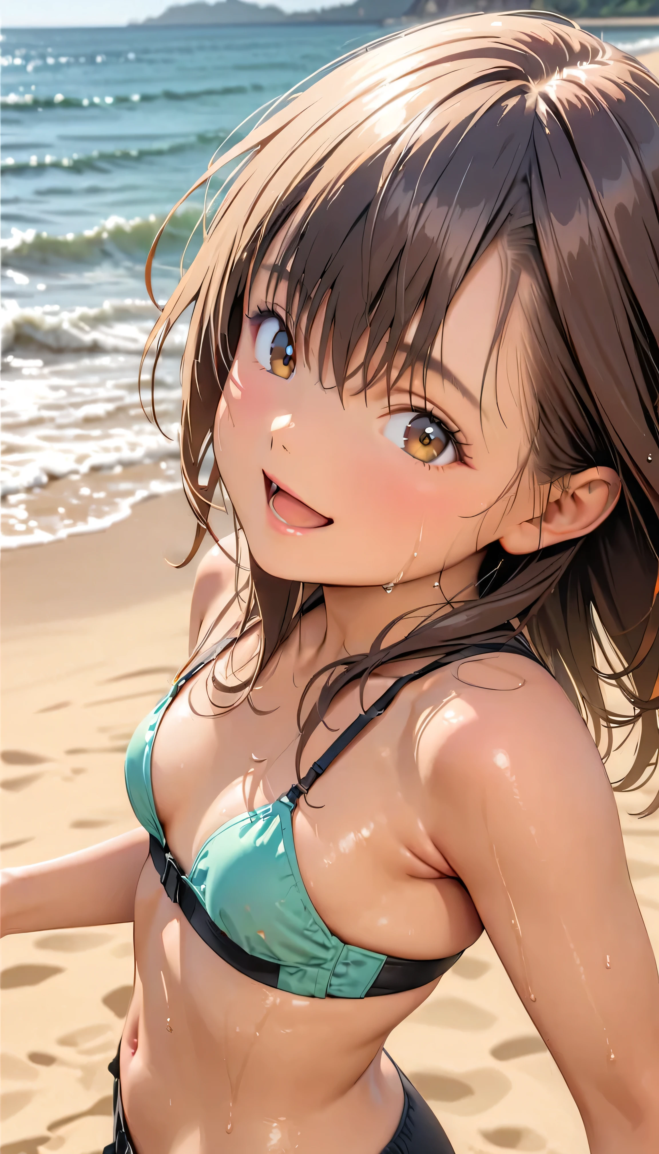 (Highest quality:1.2, Very detailed, up to date, Vibrant, masterpiece:1.2, Highest quality, Best aesthetics), smile, ((Face Up Shot:1.4)), 1980s style, 8k Ultra HD, Background Blur, smile, One Woman, Woman in bikini, Strong sunlight, Seaside, sunny, Summer sunshine, Wet Skin, Sandy Beach, Dynamic Angle, dynamic, Get excited, low length, very young, flat chested