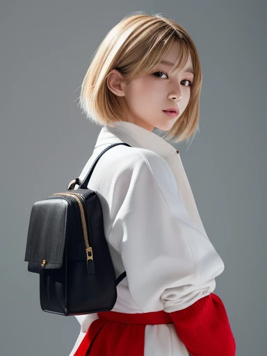 ((masterpiece、Highest quality、High resolution))、A 20-year-old Japanese woman with short blonde hair, minimal and dynamic.、Exuding contemporary elegance and vibrancy。This hairstyle is、It beautifully complements her honey complexion.、Adding a modern twist to her look。Bold Texture、Vibrant colors、Characterized by complex layering、Wearing a highly fashionable ensemble.、Challenging traditional fashion concepts。Pure white background and studio lighting、It highlights her silhouette and outfit..、She has a bottle in her hand、I&#39;m holding it in front of my face.、Confident、Stand in a relaxed position。That direct and inviting gaze、We will show viewers the moment when fashion turns into art..。((Face close-up))、(Portraying her head and shoulders in full)、