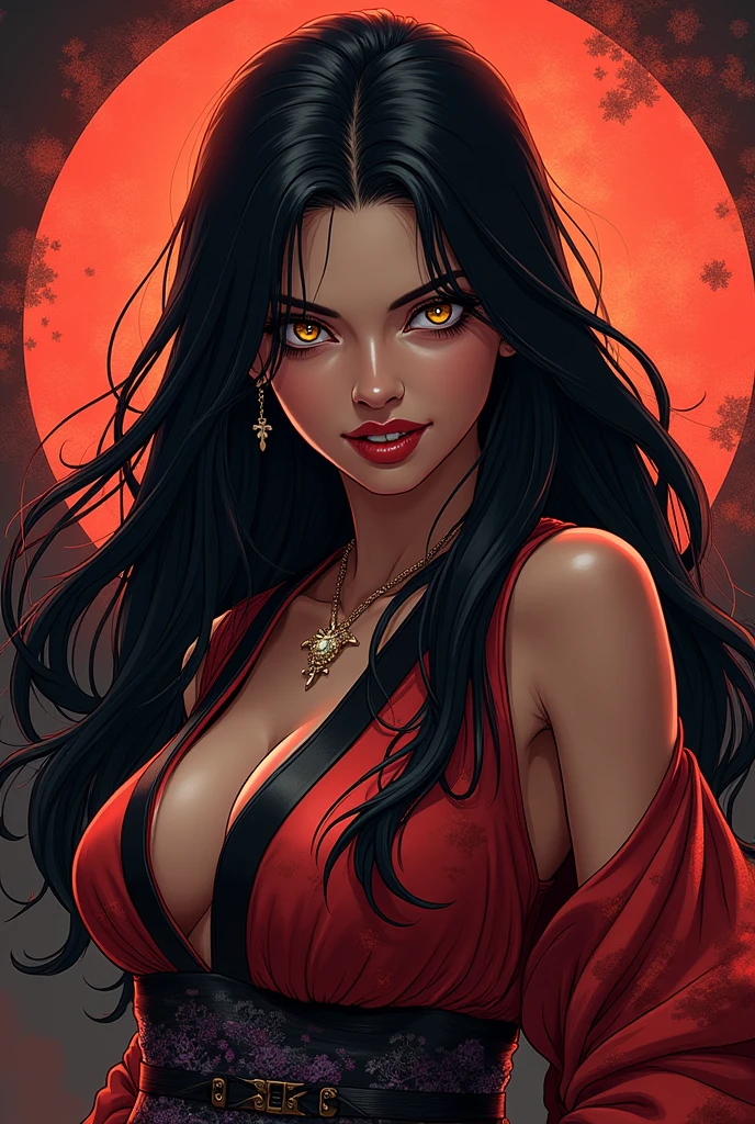 A gorgeous demon female, with long beautiful black hair, Golden Eyes, Use blood magic power, Has vampire fangs , a mischievous smile on her face, wearing a kimono that looks like an assassin's outfit , Sexy poses , Comic style , by mortal Kombat