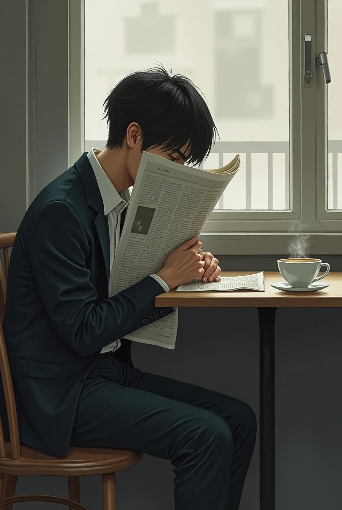 A lonely character at a table: You can draw one of the characters sitting alone at a table in a cafe or restaurant., with a cup of coffee and a newspaper. The focus would be on the character&#39;s expression of loneliness and reflection., without the need for complex details in the environment.