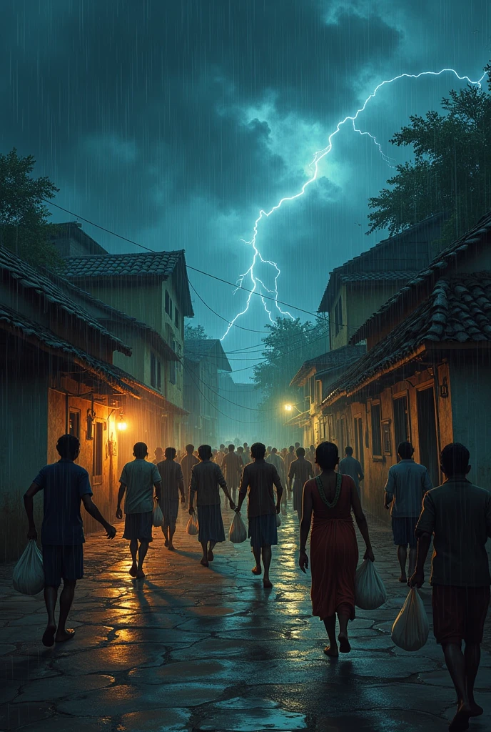 A Indian village with clay-tiled houses dark night with A strong wind like a storm with thunder so many person
running with a plastic bag