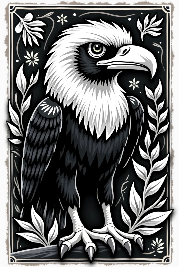 Create a mascot, being a caracara and in cordel style or black and white woodcut