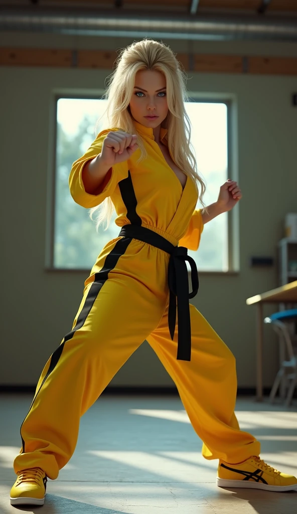 Super realistic, Cinema 4D rendering, wide shot, 1 lady, blonde long hair, blue eyes, yellow jumpsuit with black lines on the sides, Yellow sneakers with the black Onitsuka Tiger brand mark, battoujutsu stance, glaring at the viewer, Uma Thurman, KILL BILL, indoor, bokeh effect, depth of field, hyper Realistic, Professional photography, Cinema Lighting