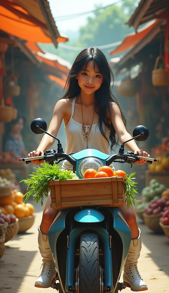 Create an image of a sweet and adorable woman with long black hair, wearing a loose, torn tank top, white boots, using a futuristic motorbike with a vegetable box on the motorbike, walking through a traditional Indonesian market, with a friendly expression, placing her hopes on the sales that day.