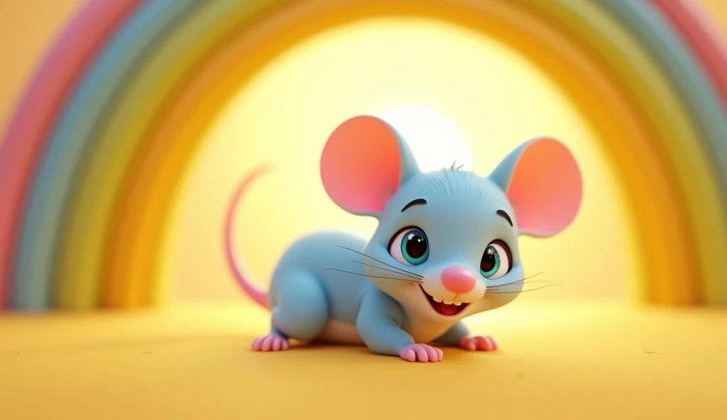 A 3D animated scene highlighting the yellow section of the rainbow with Fiby, a small light blue mouse with pink details on its nose and the inside of its large, round ears, basking in the warm glow of the summer sun. Fiby is lounging happily under the yellow band, with the sun shining brightly in the background. Fiby’s joyful and friendly expression, with its big, round, and vibrant blue eyes, captures the warmth of the scene. Its pink tail curls slightly upward. Pixar-Disney style, DIGITAL ART