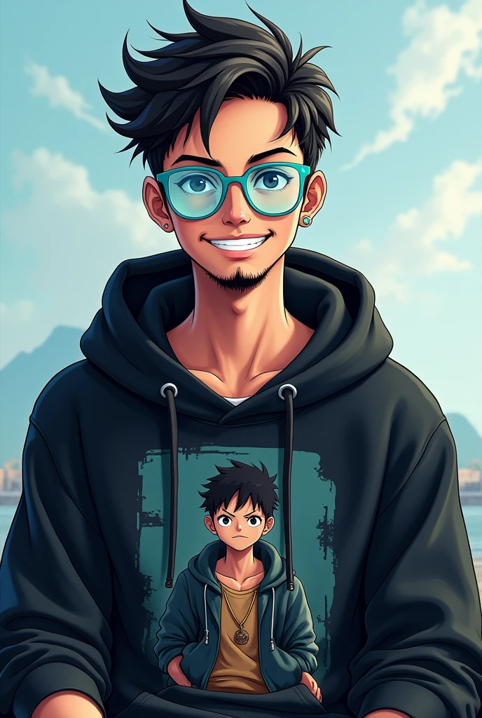 Anime muslim boy with transparent sky blue glasses and fully moustache and beard with black zoro character hoodie and sitting like a model with cute smile
