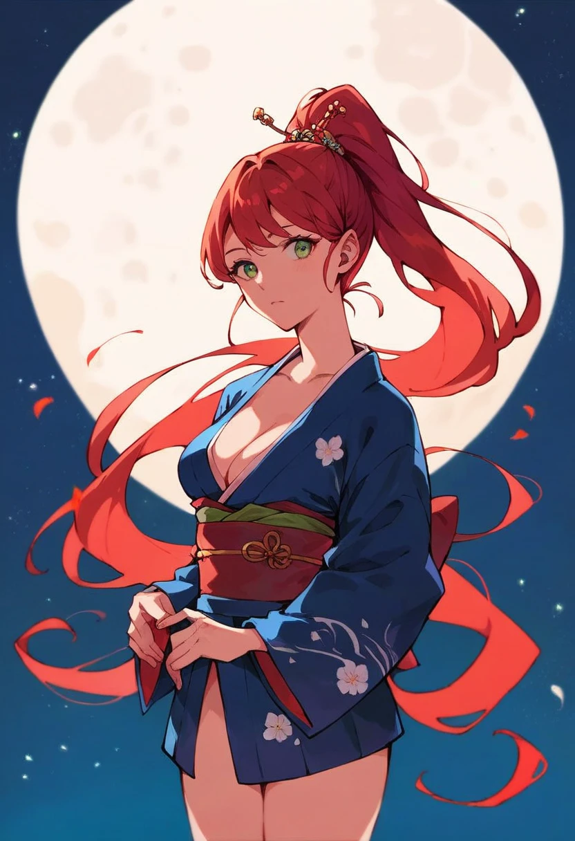 score_9, score_8_up, score_7_up, score_6_up, source_アニメ, rating_explicitn, One anime-style woman, Red hair, Long Ponytail, Green Eyes, Woman in kimono, Light blue yukata, Night Sky, Riverbank, full moon