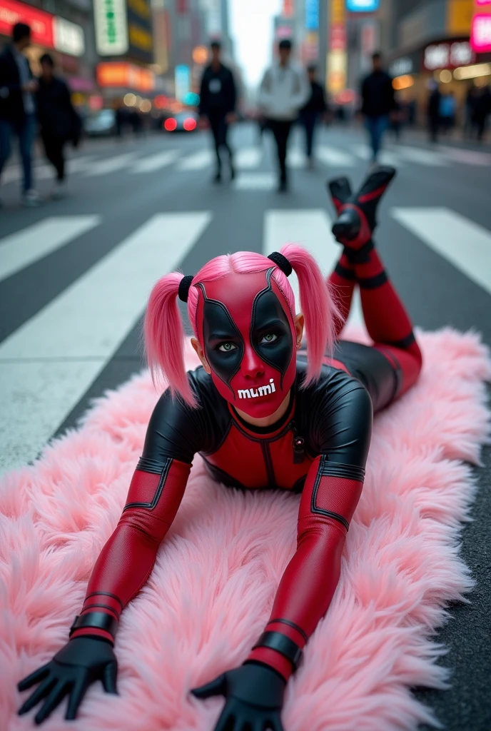 ((Highest quality)), ((masterpiece)), (photograph), ((from above)), ((40 years old)), ((Japanese women)), ((Deadpool costume and mask)), (((The word "mu mi" is written in white letters on the mouth.))), Deadpool woman with pink hair and twin tails, Lying on a fluffy pink bath mat at Tokyo's Scramble Crossing, Surrounded by passers-by,