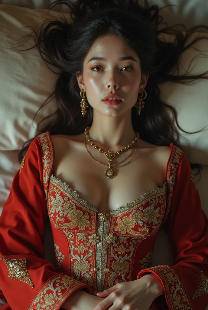 (photorealism:1.2), Using Imperial Dress, Turkey girl, beautiful Queen, lying on the bed, A close-up and straight-on view from above, straight body, give up, big breasts.