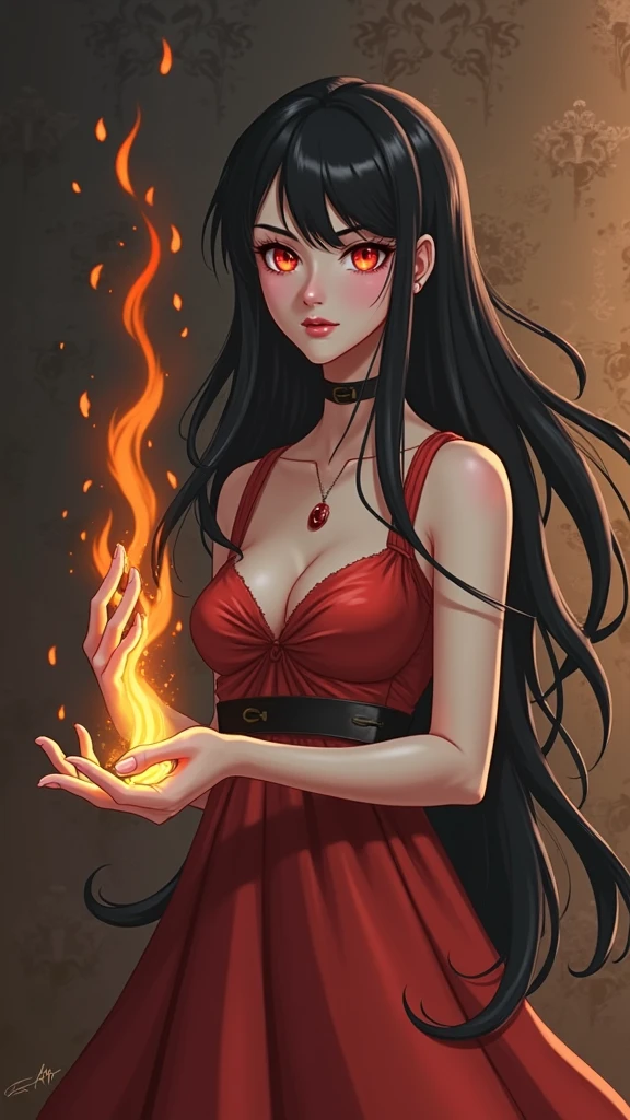 1girl, black hair, red eyes, fire witch, blood, light particles, light rays, wallpaper, high contrast, colorful,