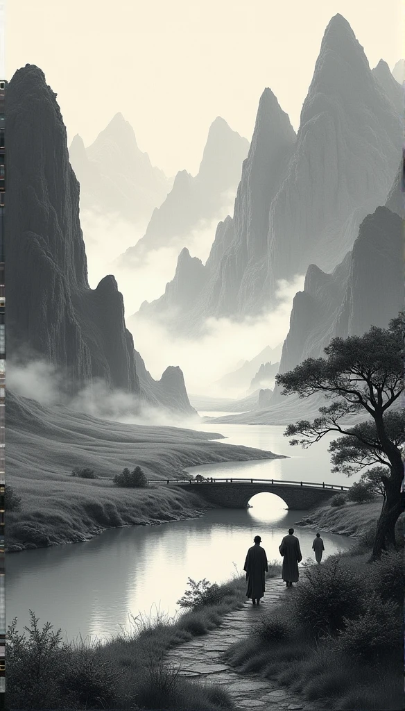 Chinese landscape painting,Ink画,Ink,Inky black,Soil,Vision,Ultra-wide viewing angle,meticulous,Ancient scholars climbing mountains,riverside,Small Stone Bridge,grassland,The tree,The scenery is mountains,(8k wallpaper),(Light and shadow effects),Octane Rendering,White balance design,高度detailed的图像描绘,Wide Angle,Depth of Field,masterpiece,Realistically,Beautifully depicted,detailed,Acura,masterpiece,masterpiece