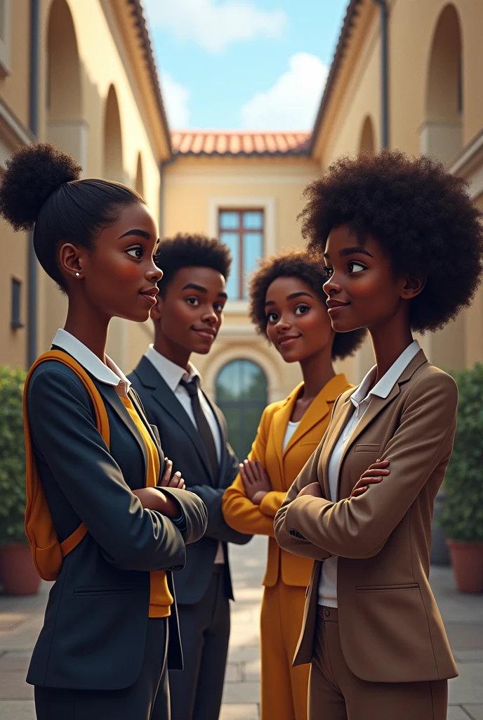 Two mature black boys and two mature black girls in a university background. The two boys are properly dressed. The two girls are properly dressed and crossing their arms.