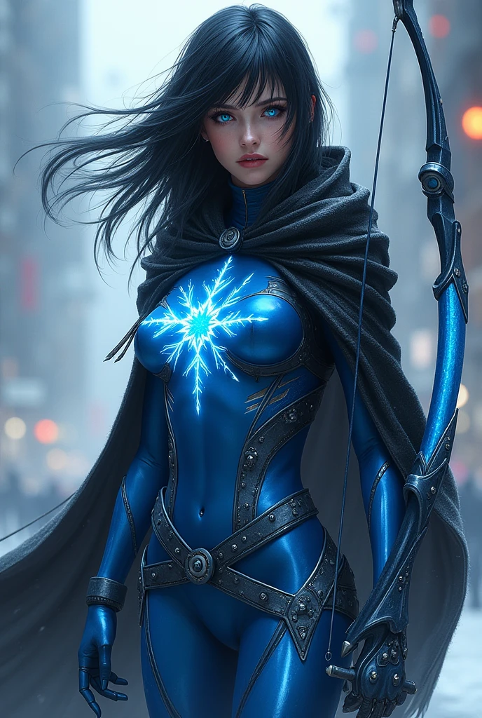 Woman, blue eyes, black hair, cuberpunk blue costume, ice bow in hand cuberpunk, picture of a snowflake on the suit chest, blue cloak