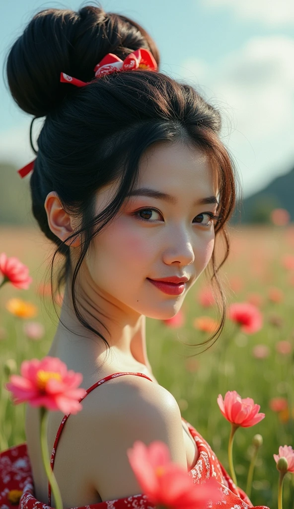     Pretty Japanese girl, Hair Bun,((very huge hairbun)),((the size of hairbun is 8 times size of the head)), Smile, Large breasts, Ribbon, looking back over shoulder ,Masterpiece, Best Quality, High Details, Super Detailed, Textured Skin, Retina, High Quality, in middle of flower 