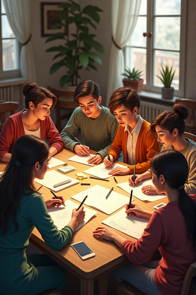 Several people at a table drawing
