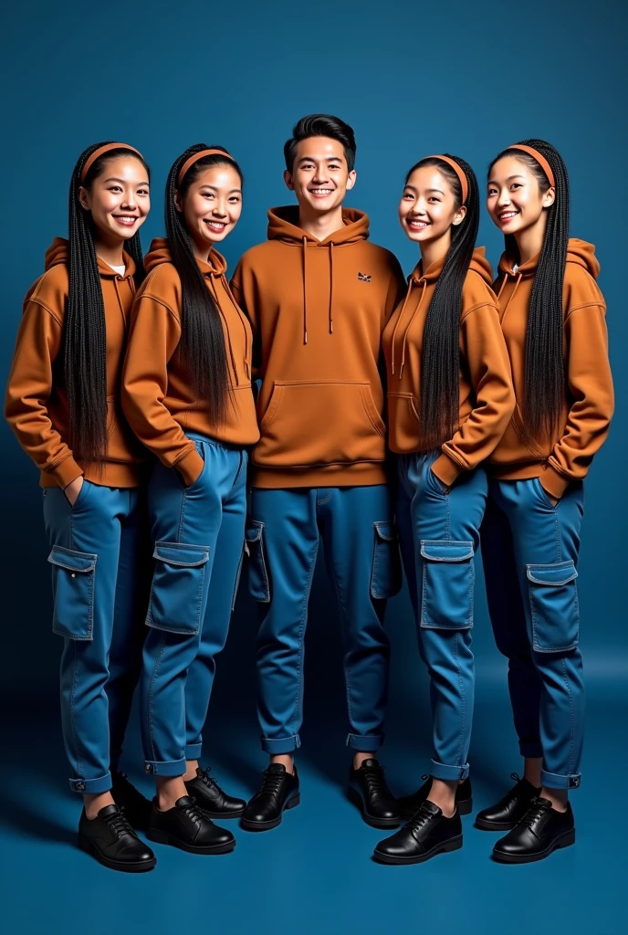 Create a four full body beautiful Thai women's smiling wearing a brown hoodie and blue cargo pants with brown headband and black beautiful adidas shoes, black long braids hairstyles and also 1 handsome man wearing a brown hoodie and blue cargo pants black beautiful shoes standing dark blue background and the background has designing written " Team fhyrrah " "admins " looking at the camera. Photography