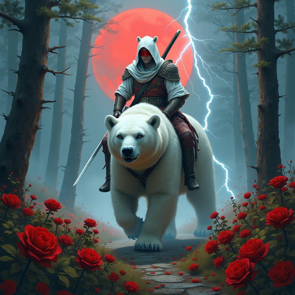 Godlike, in it a male knight with a white hood with bear ears and a katana at his back is riding a polar bear in a forest while the moon shines, many Roses cover the ground and lightning falls from the sky. The polar bear has black eyes and an aggressive appearance. Only the man wears a red blindfold. In the background of the picture is the blood moon. The forest is full of trees with leaves.