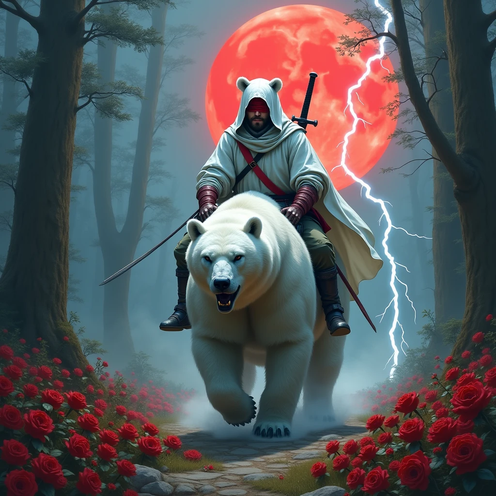 Godlike, in it a male knight with a white hood with bear ears and a katana at his back is riding a polar bear in a forest while the moon shines, many Roses cover the ground and lightning falls from the sky. The polar bear has black eyes and an aggressive appearance. Only the man wears a red blindfold. In the background of the picture is the blood moon. The forest is full of trees with leaves.