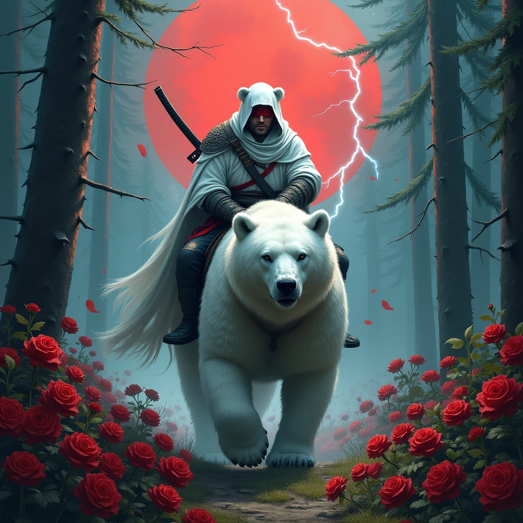 Godlike, in it a male knight with a white hood with bear ears and a katana at his back is riding a polar bear in a forest while the moon shines, many Roses cover the ground and lightning falls from the sky. The polar bear has black eyes and an aggressive appearance. Only the man wears a red blindfold. In the background of the picture is the blood moon. The forest is full of trees with leaves.